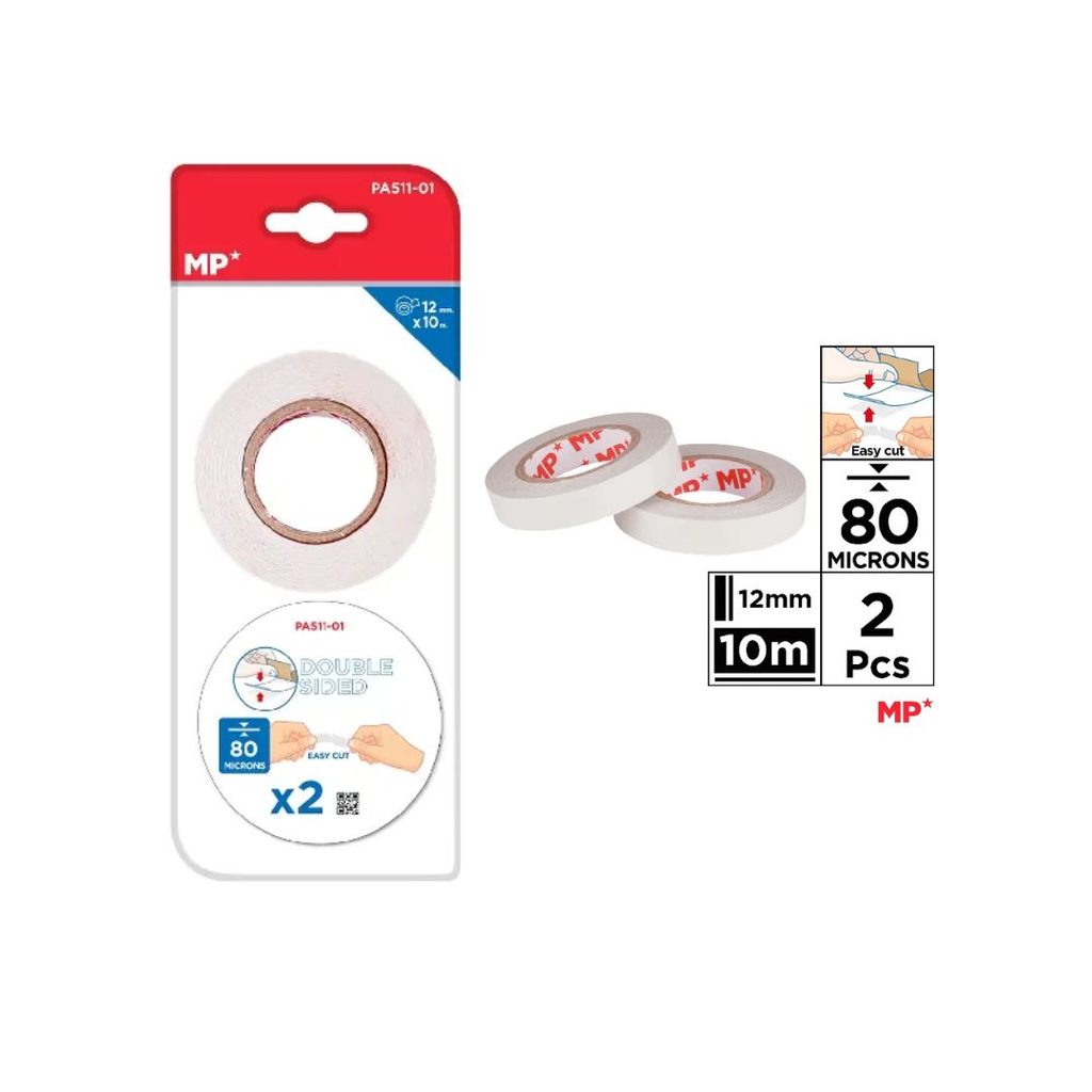 MP DOUBLE SIDED ADHESIVE TAPE 80 MICRONS 12MM (10M) (PA511-01) (CARD)
