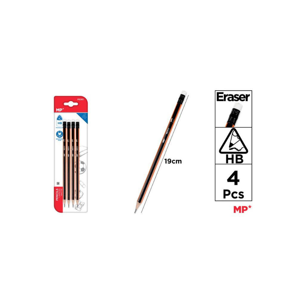 MP GRAPHITE PENCIL HB WITH ERASER 4 PCS (PE301) (CARD)