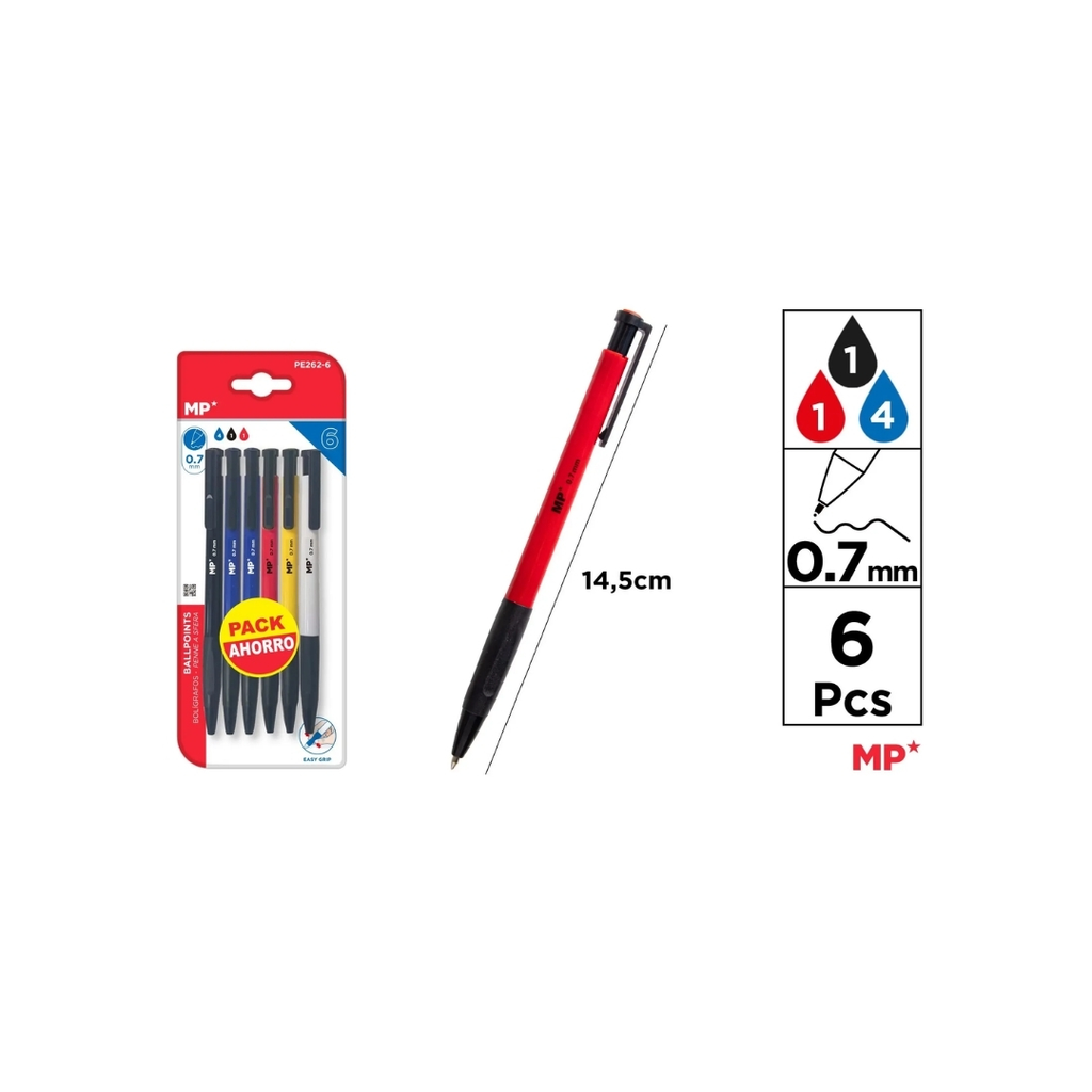 MP BALLPEN EASY GRIP 0.7MM 6PCS MULTI COLOR - PE262-6